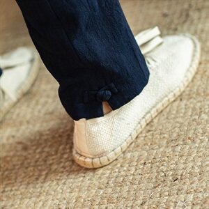 秋季新款男装棉麻风盘扣提花宽松休闲裤小脚裤室内黑图片