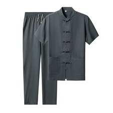 风夏季新款中老年男士短袖唐装太极服中式刺绣立领休闲套装，男装中老年男装，钱塘723