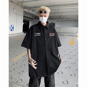 F283-P35 2024新款美式复古拼接衬衫男设计感宽松短袖衬衣现货图片