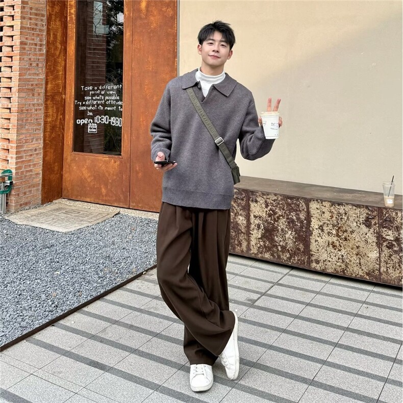 美式复古咖色小西裤男宽松直筒休闲长裤痞帅阔腿垂坠感西装裤,男装西服套装,星座506A