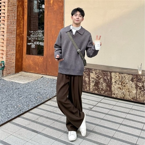 美式复古咖色小西裤男宽松直筒休闲长裤痞帅阔腿垂坠感西装裤图片