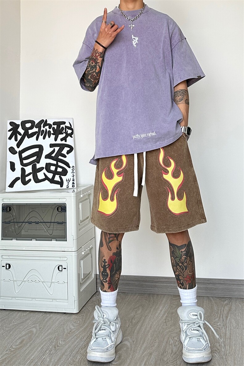 港风纯棉320G重磅水洗做旧印花短裤A014-DY2375-P50控68,男装牛仔裤,电商A014