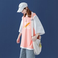 中性风夏季潮流时尚印花情侣假两件背心+T恤T502P35控48，男装T恤，A247A