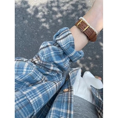 法式蓝色格子磨毛长袖衬衫女春秋宽松oversize原宿风休闲百搭衬衣，男装衬衫，星座1210-1