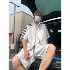 胖胖哥港风潮流三条杠短纯色袖t恤男夏季大码宽松百搭休闲五分裤，男装T恤，电商A007