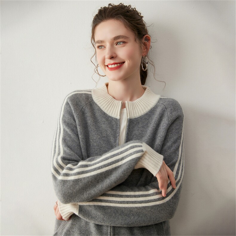 2025百搭时尚秋冬新款拉链拼色开衫,针织衫/毛衣,七柒羊绒