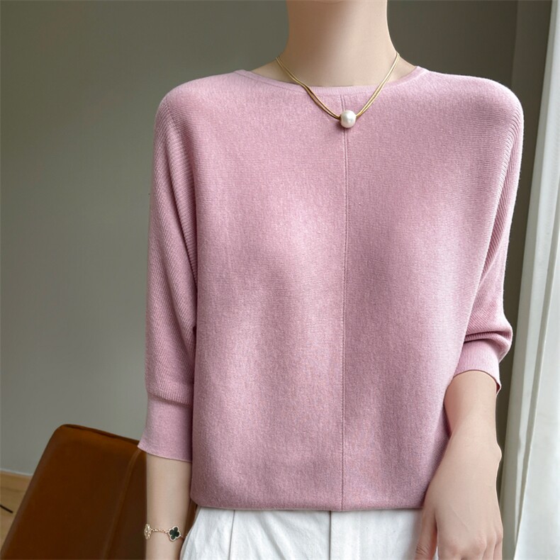 一字领七分袖针织衫女半袖打底套头宽松蝙蝠袖上衣精纺毛衫薄款新，女装羊毛衫，凯思米羊绒