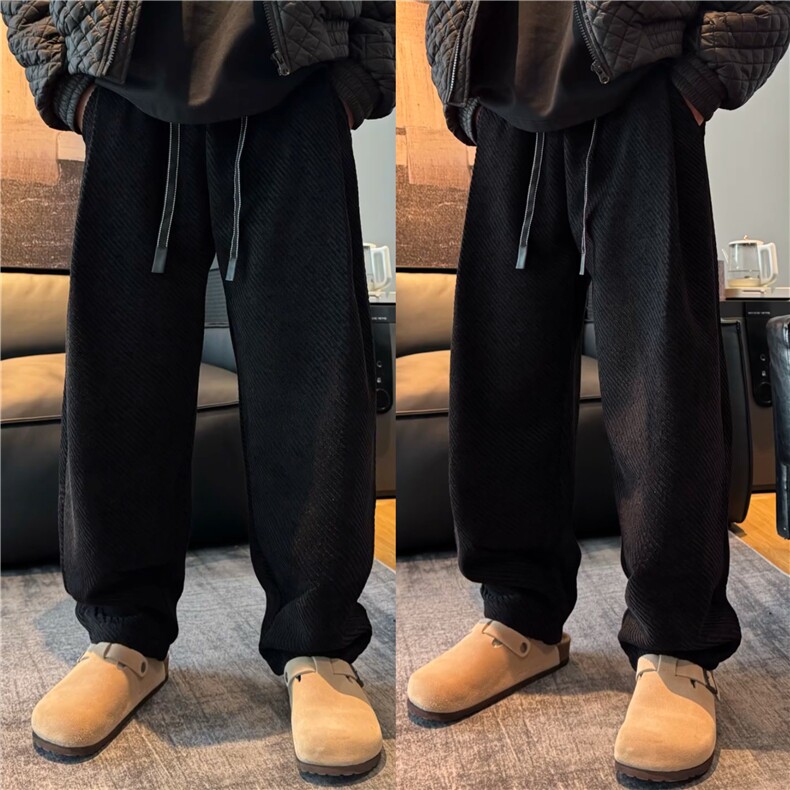 春秋慵懒风斜条纹常规阔腿休闲裤男潮牌宽松显瘦垂感拖地直筒长裤,男装休闲裤,星座506A