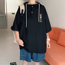 LD54169-P45连帽短袖t恤男大码胖子带帽五分袖中袖，男装T恤，电商A040