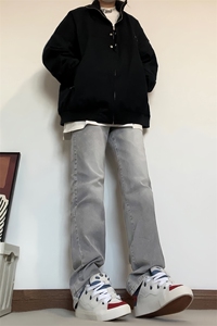 B221美式高街水泥灰弹力直筒牛仔裤LK24146-P60控79 加绒P70控99图片