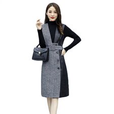 冬装新款潮流时尚人字呢拼皮背心裙两件套舒适修身（配腰带）图片