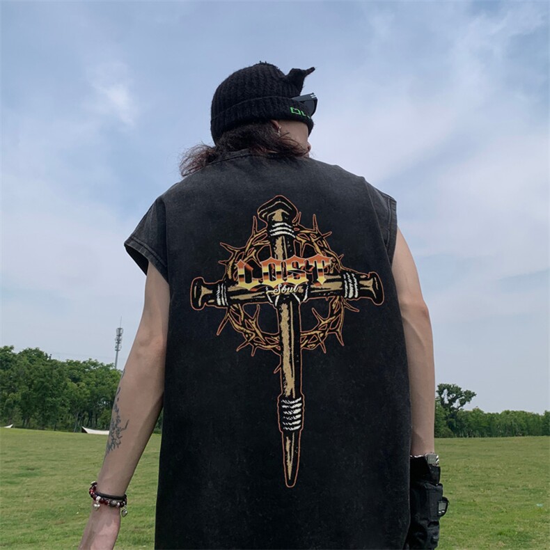 美式十字架印花水洗做旧夏无袖背心/马甲/坎肩XZ514-2-1309-P35，男装背心/马甲，星座514-2(原B239)