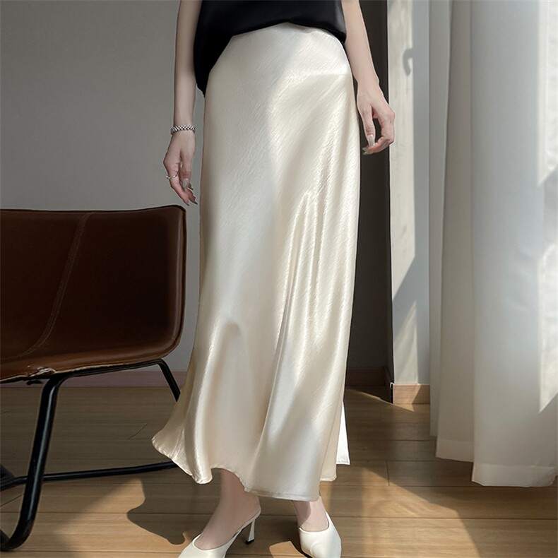醋酸缎面半身裙女夏高级感鎏金包臀鱼尾裙仿真丝高腰A字中长裙子，女装半身裙，暖习羊绒