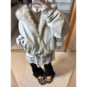 现货高品质美式高街冬季重磅硬挺短款座山雕毛领棉衣男女加厚外套图片