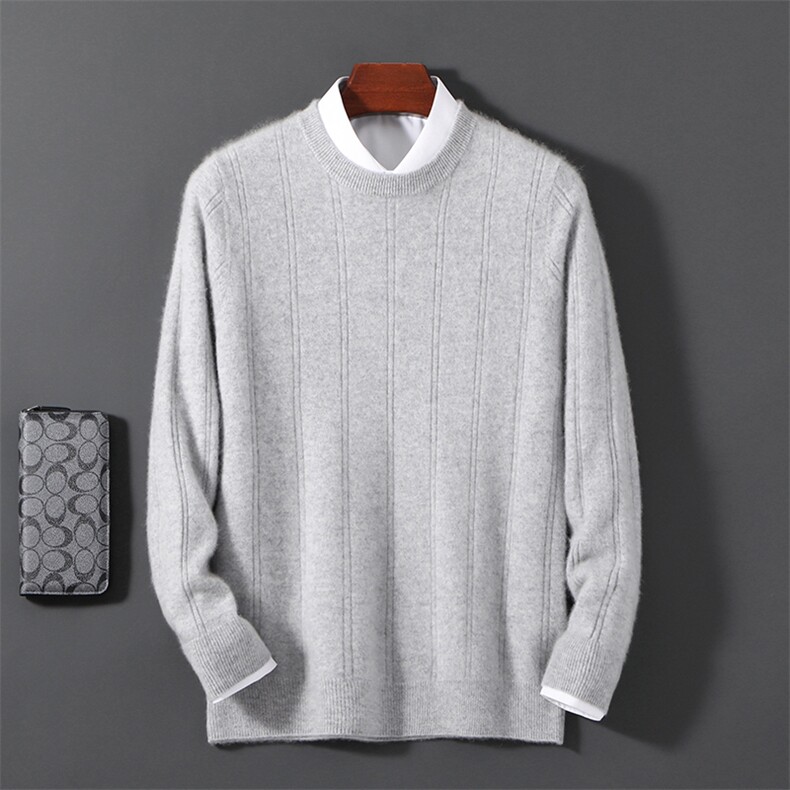 2025年秋季新款百搭男士坑条假两件12针竖条圆领羊毛衫，男装羊毛衫，邓利维