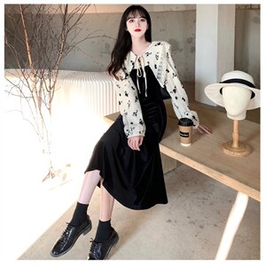 爆版娃娃领碎花拼接假两件长裙胖妹妹秋冬丝绒长袖打底减龄连衣裙图片