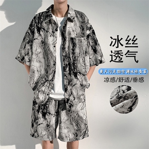 特批P45无差价夏季透气垂感水墨画冰丝短袖衬衫短裤两件套装TZ088图片