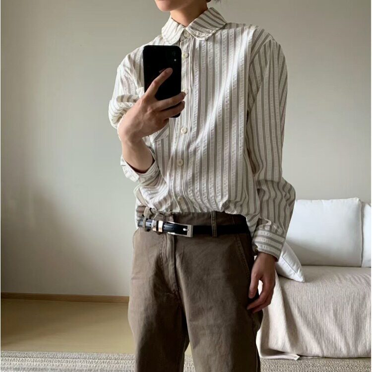 新款复古条纹长袖衬衫男女潮流宽松休闲美式衬衣外套L32088-P48，男装衬衫，星座1008