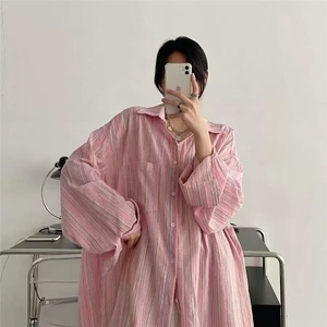 拉夏贝尔防晒条纹衬衫女夏季2025新款慵懒风宽松休闲长袖开衫上衣图片