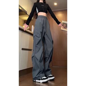 美式速干褶皱休闲裤女2025夏季时尚速干凉感垂感宽松休闲运动裤子图片
