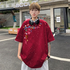 可48小时发货支持抖音得物来样二开美式满天星亮片短袖T恤MTX715，男装T恤，电商A486