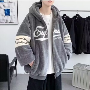 羊羔绒外套男秋冬季加厚连帽棉服青少年冬装潮牌宽松棉衣夹克图片