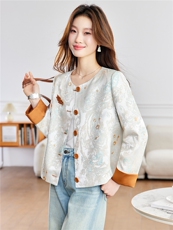 2026年春季民族风新中式圆领碎花撞色拼接外套，女装短外套，简韵佳