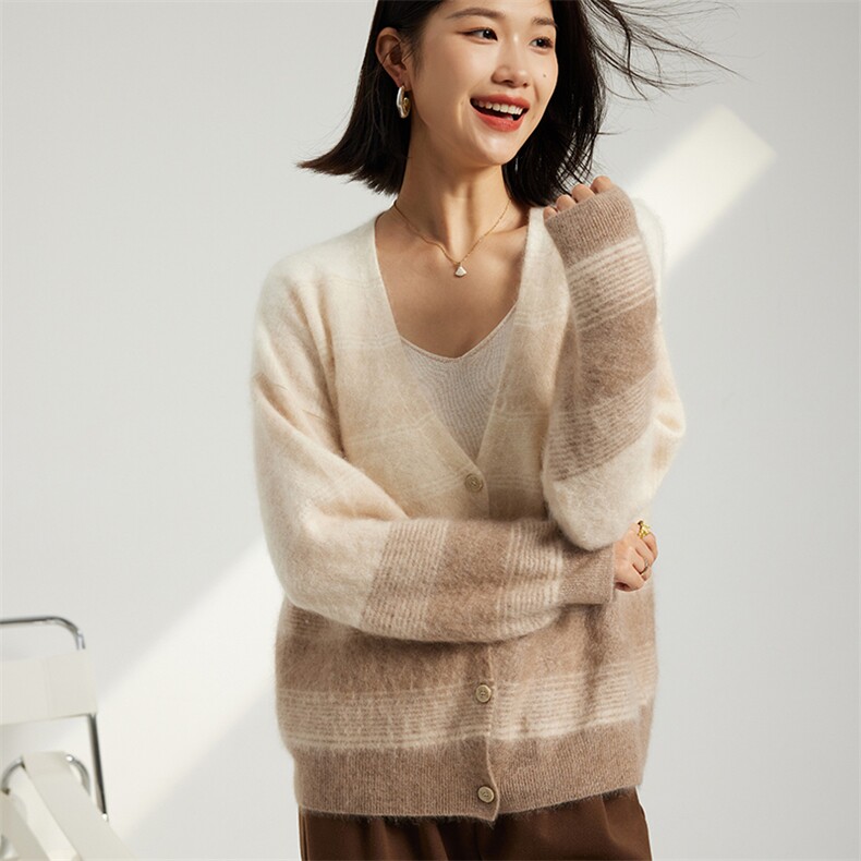 秋冬季羊绒休闲百搭时尚拉绒渐色开衫，女装羊绒衫，英集羊绒