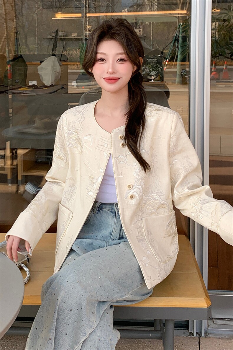 米色高级感国风提花短外套女2025春季新款小个子气质休闲盘扣上衣,女装短外套,浙宝208A