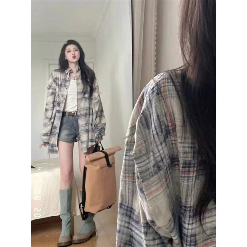 格子衬衫女款春秋设计感高级中长款遮女士衬衣2025新款外套潮,男装衬衫,星座506A