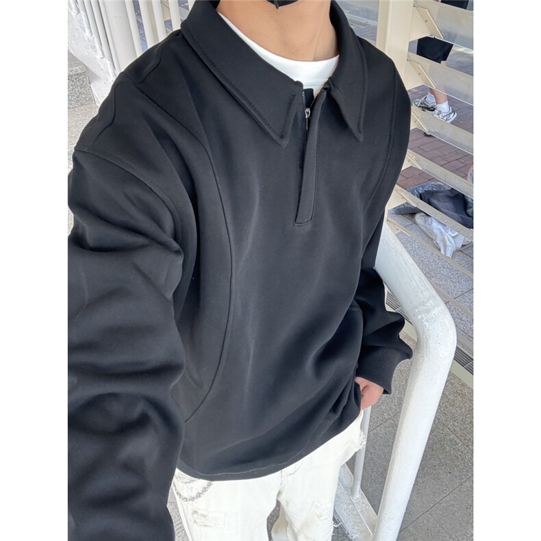 老钱风灰色正肩polo领长袖卫衣男女秋季宽松翻领上衣半拉链套头衫,男装Polo衫,星座203-1
