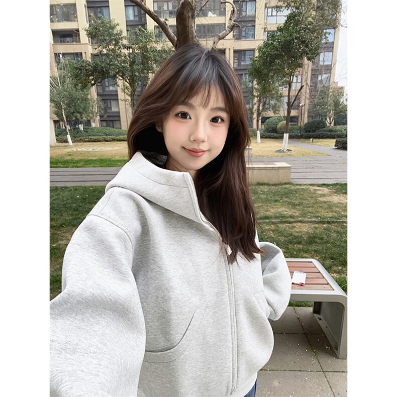 抖音得物高品质26春装美式高街重磅宽松结构高领连帽卫衣外套W60,女装短外套,电商A486-1