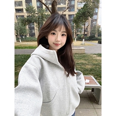 抖音得物高品质26春装美式高街重磅宽松结构高领连帽卫衣外套W60，女装短外套，电商A486-1