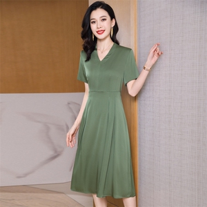 双绉真丝连衣裙夏天大牌气质纯色高档贵夫人大码中年妈妈丝绸裙子,女装连衣裙,阿舍尔精品