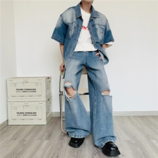 美式复古小众做旧牛仔衬衫男高街痞帅潮牌破洞牛仔裤衣服一套搭配，男装牛仔裤，星座410-6（原星座1304-1）