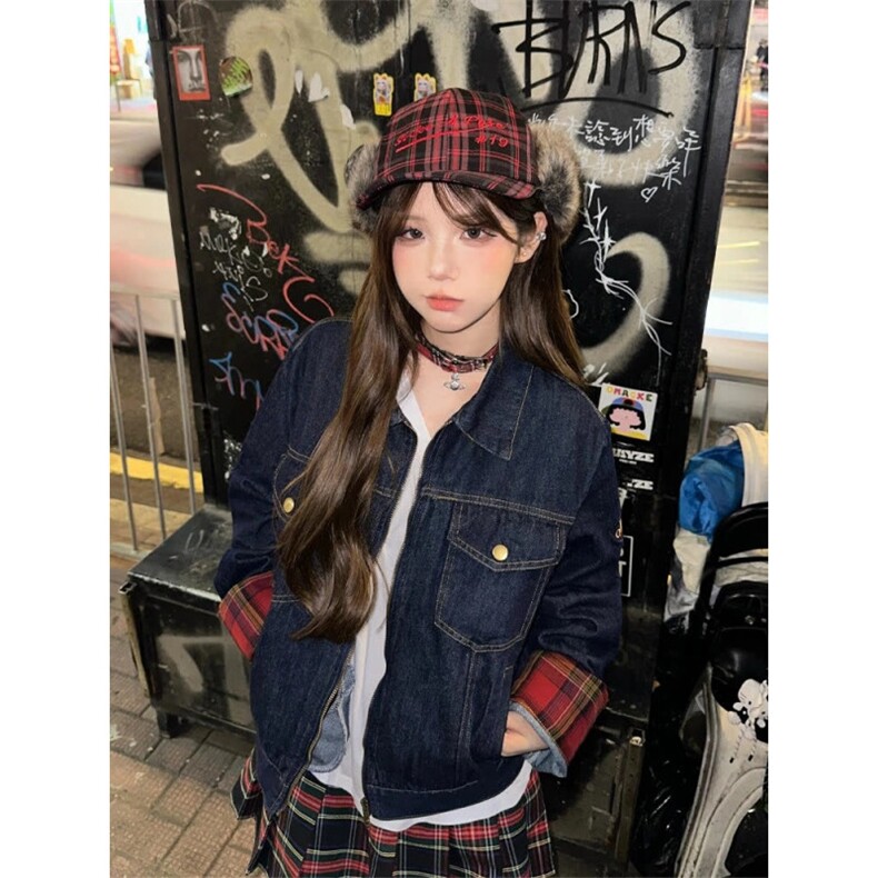 美式复古格子拼接牛仔外套2026春秋季新款宽松百搭休闲夹克上衣,男装工装外套,星座601-1