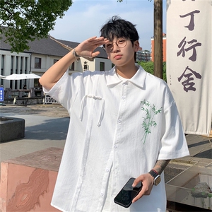 中式复古竹子印花竹节棉垂感短袖袖衬衫CS2411特p42控78抖音控89图片