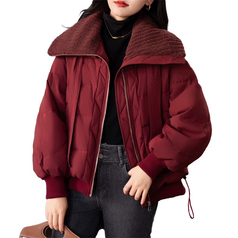 羊羔毛拼接大翻领羽绒服女2024冬新款小个子短款时尚加厚保暖外套,女装羽绒服,婷轩阁