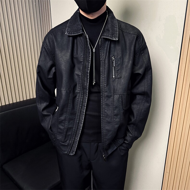 秋季新款假两件皮衣网红百搭修身皮夹克外套A368-P5809-P168，男装皮衣，电商A368