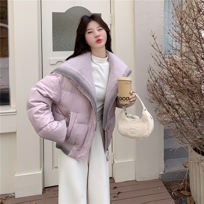 韩系chic针织领粉色羽绒服女冬超火好看高级小众漂亮短款加厚外套,女装羽绒服,2C307