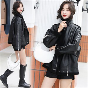 2021秋冬新款仿羊羔毛皮毛一体女机车皮衣外套中长款图片