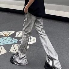 CP1221-P52高街美式毛边脏污撞色牛仔裤男潮牌复古设计感喇叭裤，男装牛仔裤，电商B323A