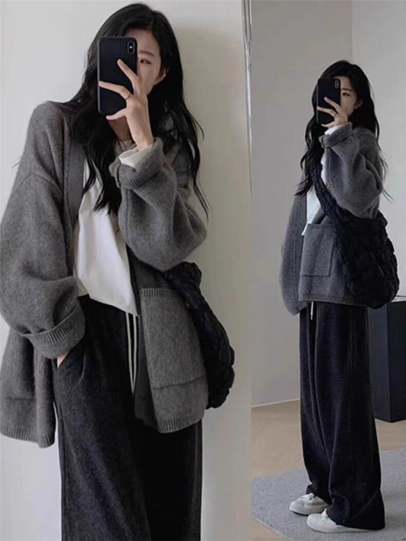 秋冬新款女V领外搭纯色韩版毛衣外套显瘦羊毛开衫图片