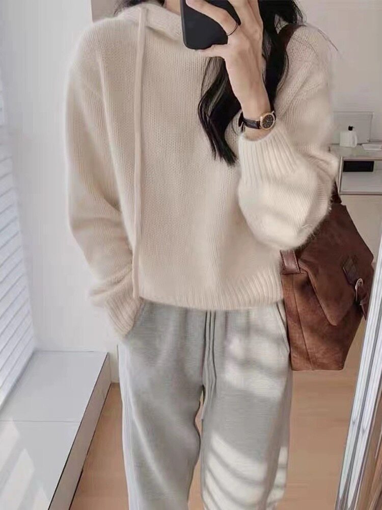 连帽毛衣女秋冬2024新款宽松慵懒风针织衫长袖上衣,女装羊毛衫,恩泰羊绒