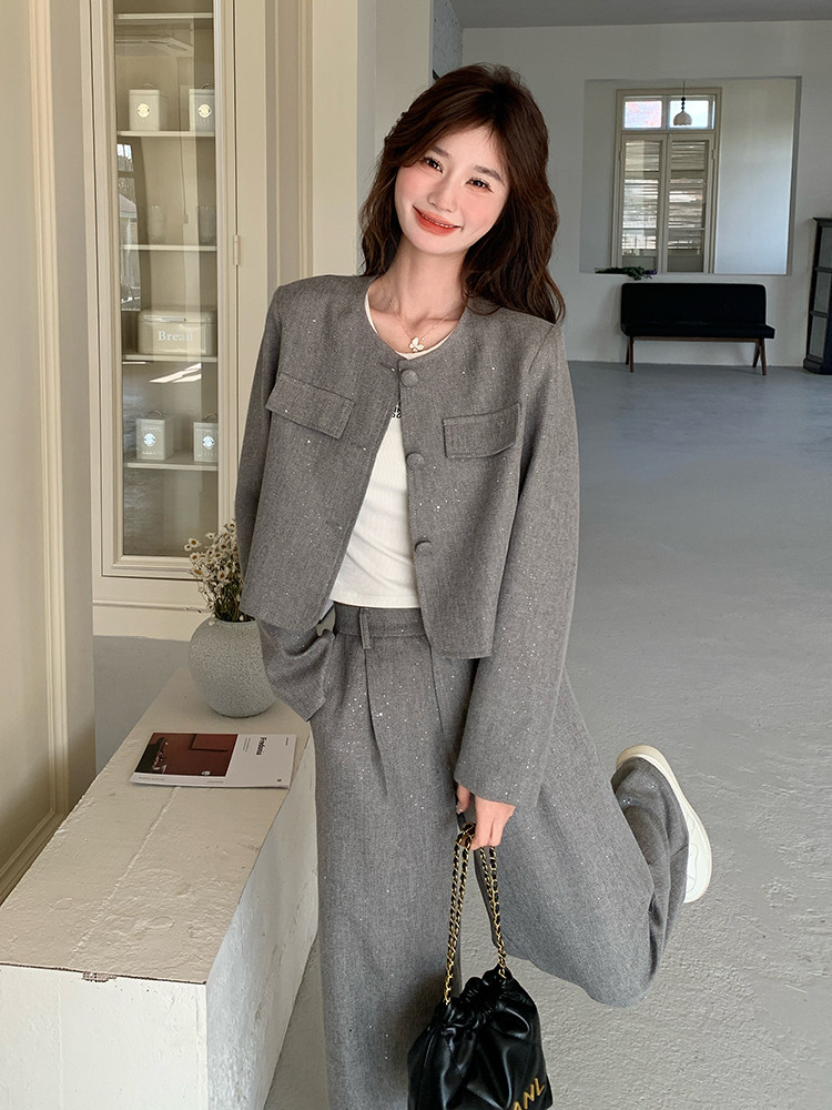 韩版小香风套装女2025早春新款高级感休闲时尚洋气阔腿长裤两件套,女装套装/套裙,秋水欣儿