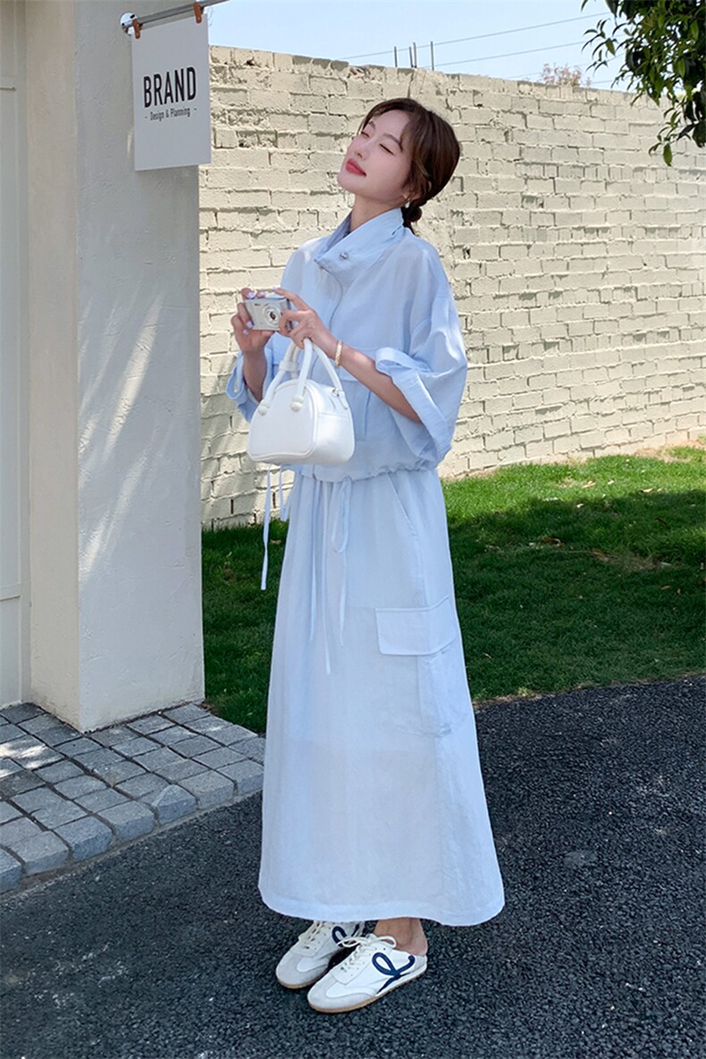 2025夏季新款时髦工装防晒短袖立领上衣半身裙气质淡人,女装连衣裙,2C285