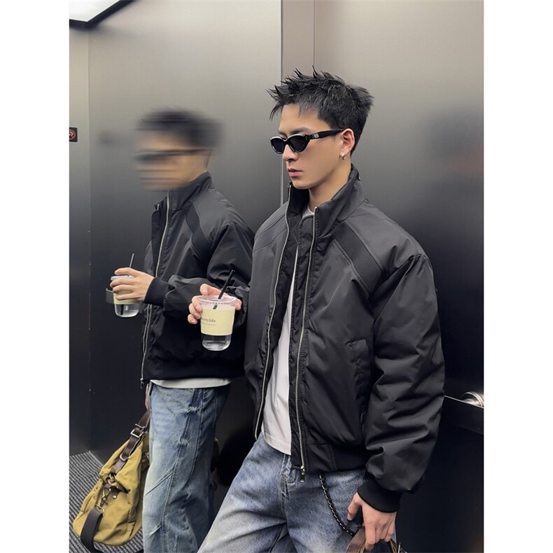 美式斜切解构面包服外套男冬保暖棉衣立领夹克棉服」图片