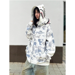 美式高街双帽迷彩鲨鱼卫衣外套女冬hiphop潮牌情侣帽衫WB375-P49图片