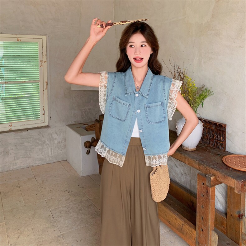 韩版减龄蕾丝边牛仔马甲上衣套装女2025夏季新款显瘦阔腿裤两件套,女装套装/套裙,多米2-075