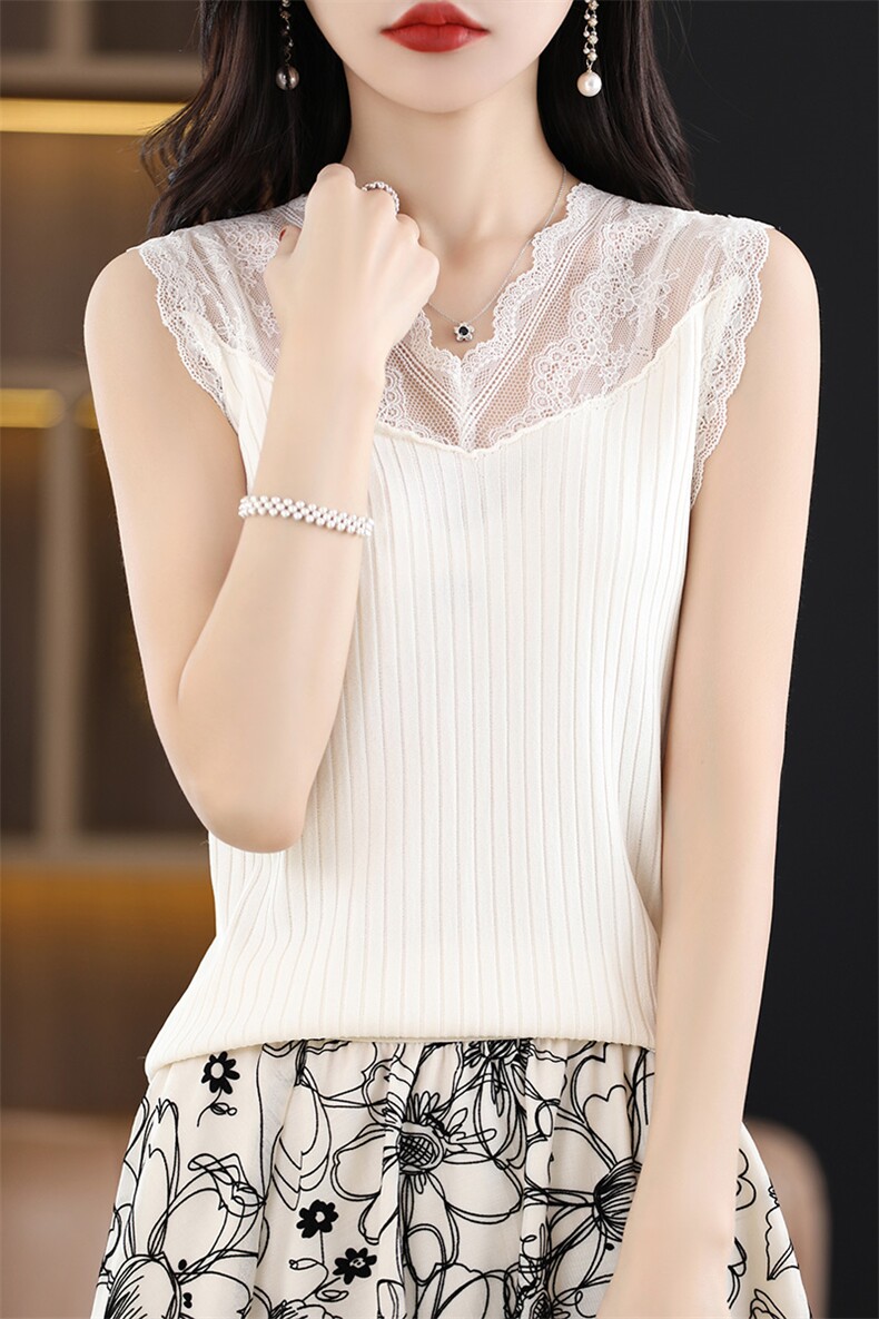 2024秋季新款蕾丝花边短袖女垂感冰丝时尚百搭,女装背心吊带,千御纺羊绒
